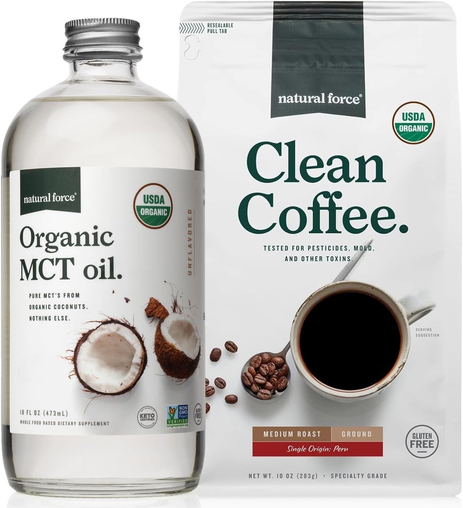 Natural Force Organic Ground Clean Coffee + Organic MCT Oil Bundle - 100% čisté kokosové MCTs & Mold & Mycotoxin Free Coffee - Non- GMO, Keto, Paleo, a Vegan - 10 Oz Bag a 16 Oz skleněná láhev