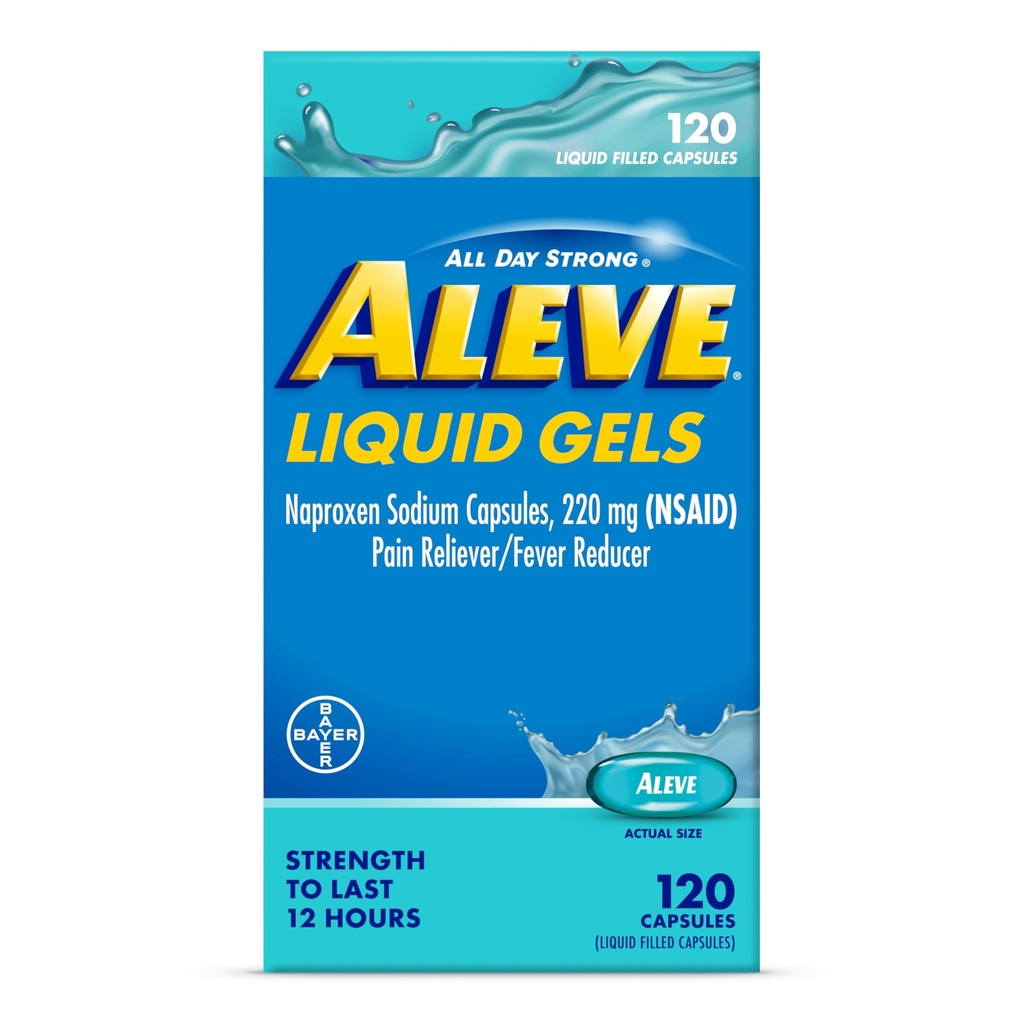 Aluve Liquid Capsules, Naproxen Sodná tobolka 220 mg (NSAID), Reliever Pain / Fever Reducer, Fast Pain Relief, 120 Počet