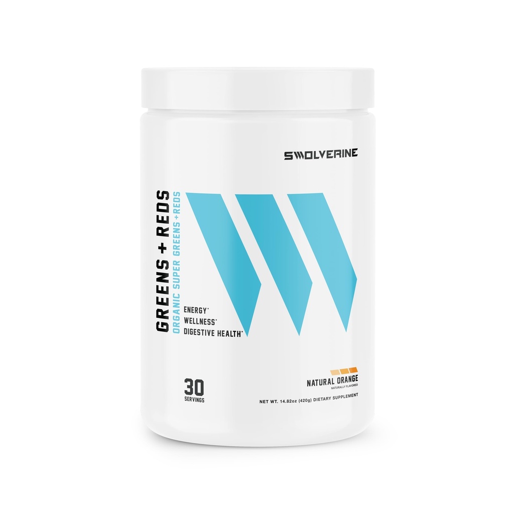 Swolverine Zelené a červené 124; Super Zelené a červené Powder s Spirulina, Chlorella, pšeničná tráva, Granátová řepa, řepa kořenová, kurkuma, přírodní pomerančové příchutě (30 Služení)