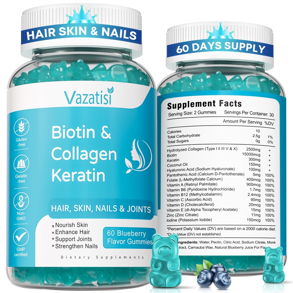 2 balení Biotin gumové s kolagen & keratin pro vlasy kůže nehty - ženy muži, děti - 120 Borůvkové ochucené gumové