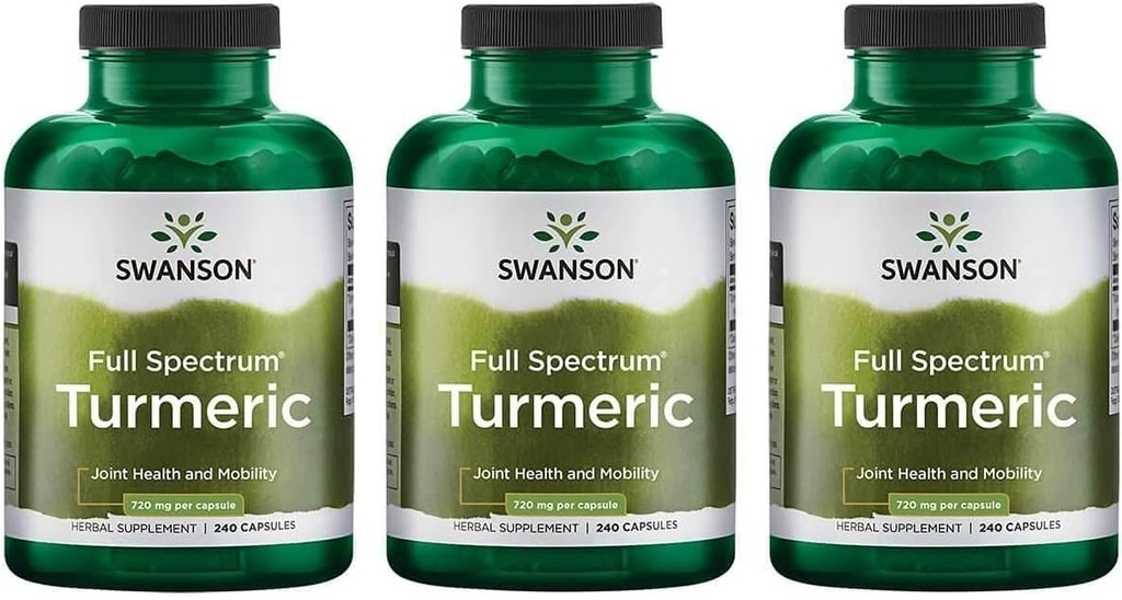 Swanson Full Spectrum Turmeric (Kurkumin) - Společné zdraví, Digestion, Heart Health & Játra Supplement - Curcuma Longa Formule Podpora paměti - (240 Kapsle) 3 Pack