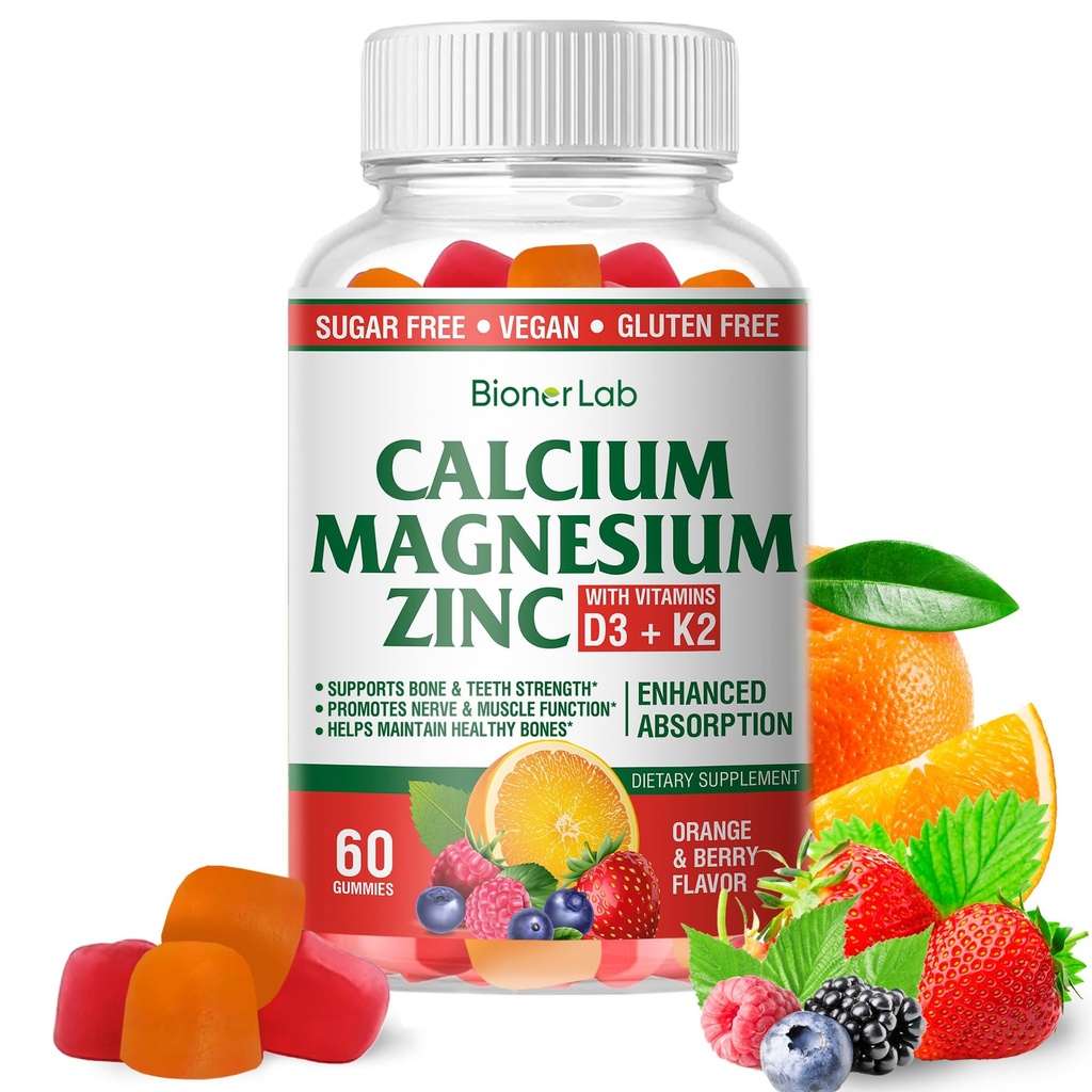 BionerLab vápník hořčík zinek gumy s vitamínem D3 & K2 - vysoká potence zvýšené absorpce - pomerančové a Berry ochucené