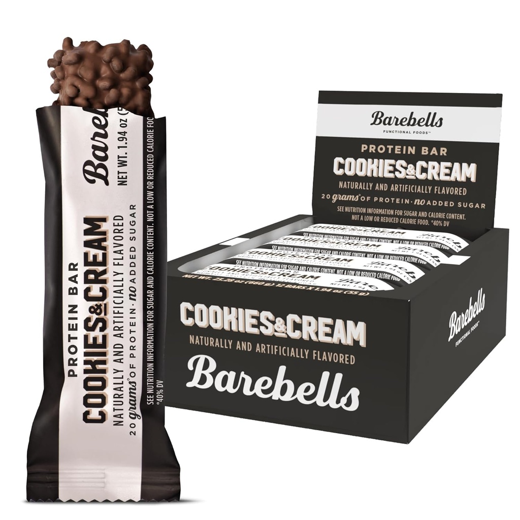 Barebells Protein Bary Cookies & Cream - 12 Počet, 20g Vysoké proteinové léčby - Chocolate Nutrition Bar s 1g Celkem Sugars - On-The- Breakfast nebo Post- Workout Snack
