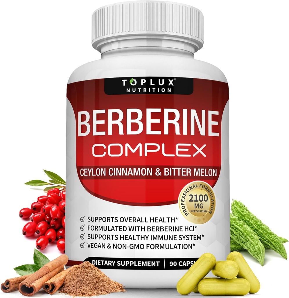 Topux Berberine s Ceylon Skořice a hořké Melon 2100mg - Vysoká čistota 97% HCL Berberine dodatek, Podporuje celkové zdraví a imunitní systém, Non- GMO Vegan 90 Kapsle