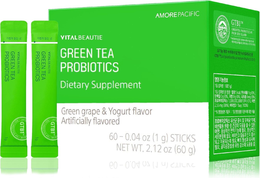 VITALBEAUTIE Green Tea Probiotics (Plant- Sourced Probiotics) Obsahující vitamín D a zinek pro Gut Health podle AMOREPACIFIC Korean Acidophilus Probiotic - 60 Sticks