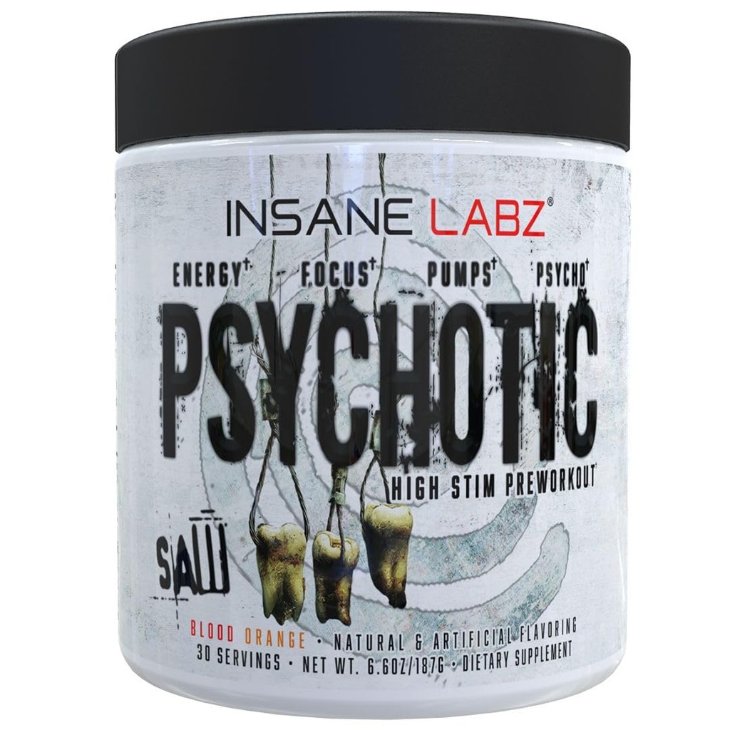 Insane Labz Psychotic Saw, High Stim Pre Workout Powder with OxyGold PHARM ™ and AMPiberry ®, Extrémní vytrvalostní energie with Teacrine ®, Focus with CognitIQ ® and Endurance (30 Servings, Blood Orange)