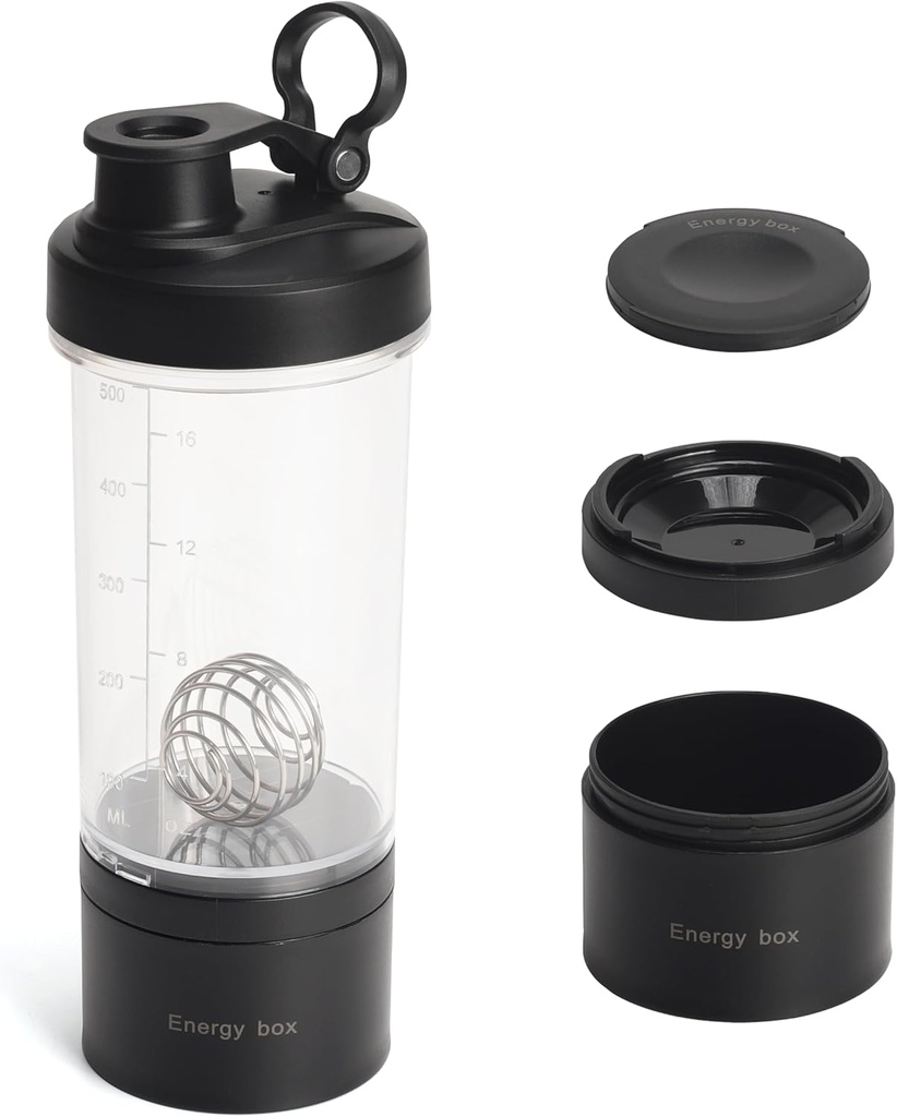 Mixér protein třepačka Tritan láhev s pilulkou / prášek zásobník pro protein shakes- pre cvičení láhev Cup-Gym Sport láhev s Wire Whisk Balls Black