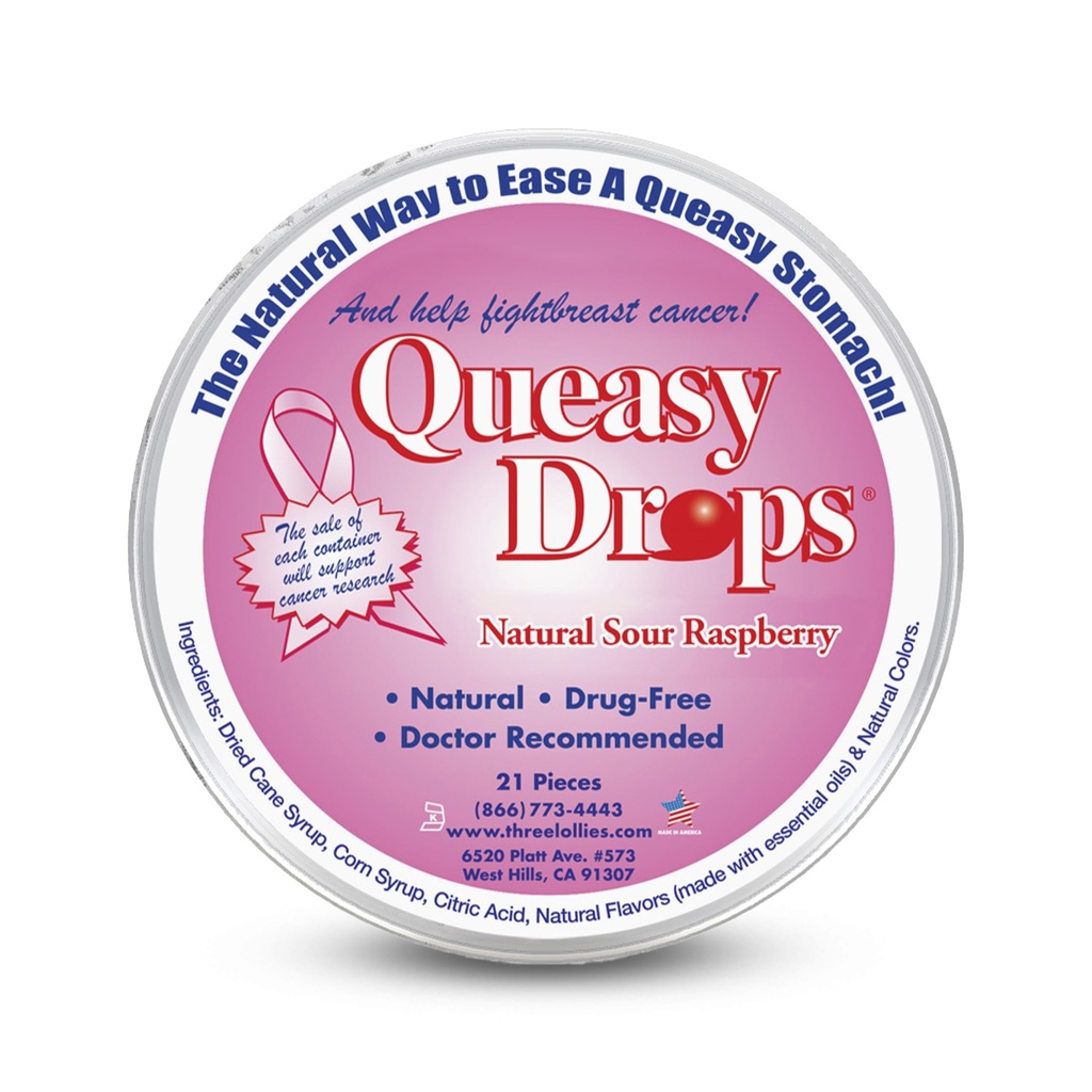 Tři Lollies Queasy Drops - Sour Malina Flavor - Travel Nemoci & Nausea Relief, Soottes Žaludek & Suchá ústa, Přírodní ingredience - 21 ct