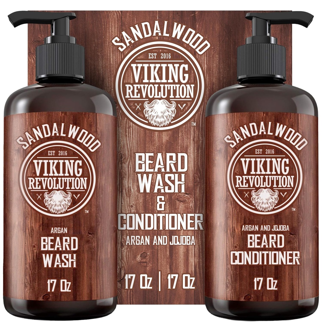 Viking Revolution Beard Wash & Beard Conditioner Set with Argan & Jojoba Oils - Softens and Simptens - Natural Sandalwood Scent - Beard Shampool with Beard Oil (17 oz)