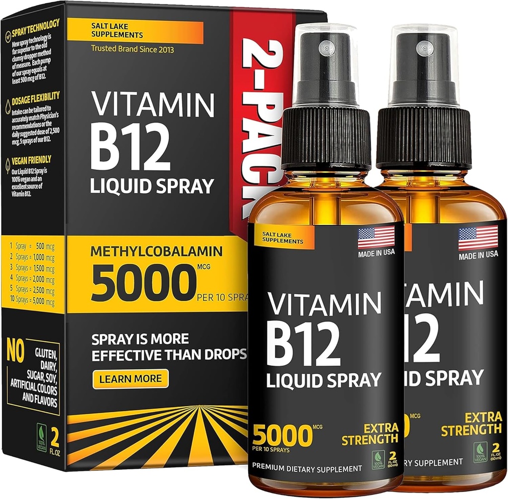 (2 Pack) - Liquid B12 Spray 5000 mcg - Vitamin B12 Sublingvální - Vegan B12 Vitamin Spray - Methylkobalamin Vitamin B12 Liquid Boosts Energy & Mood - Gluten- Free & Non- GMO