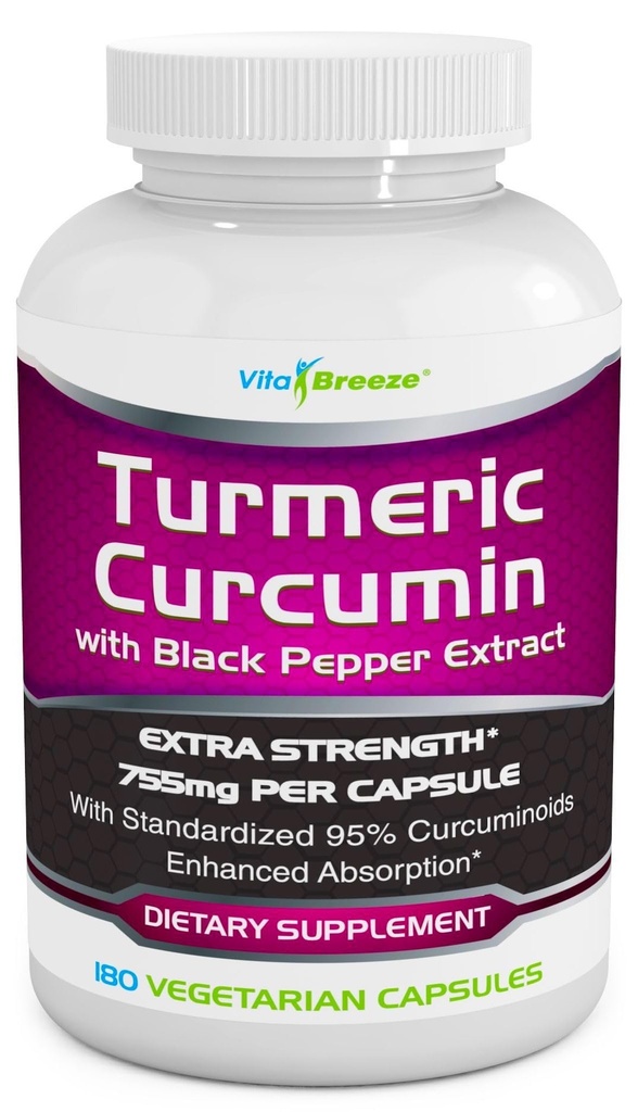 Turmerický kurkumin s černým pepřovým extraktem - 755mg na kapslí, 180 Veg. Kapsle - Obsahuje Piperine (pro superior absorpce a tumerické bio- dostupnost) a 95% standardizované kurkuminoidy