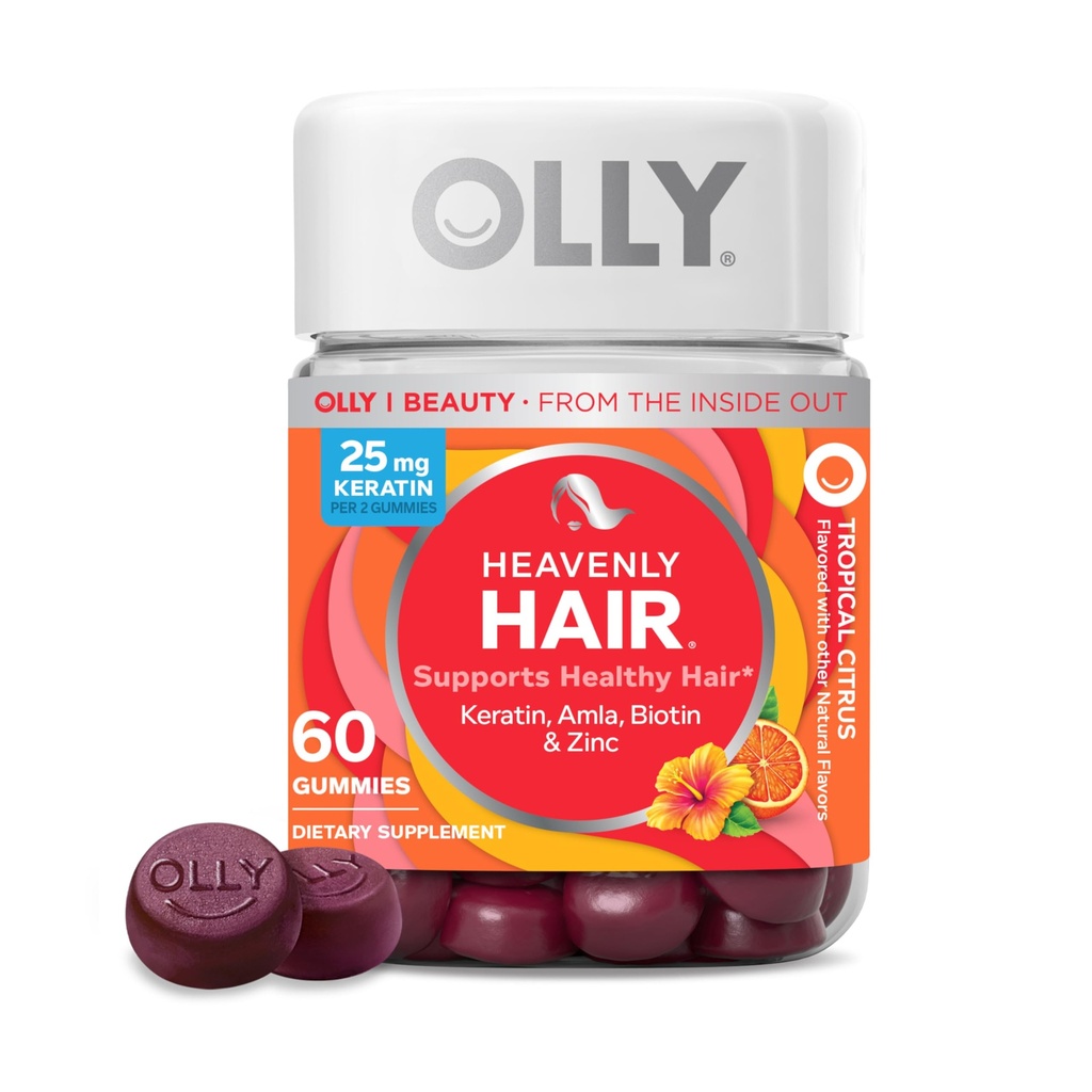 OLLY Heavenly Hair Gummy, Podporuje zdravé vlasy, Keratin, Biotin, AMLA, Žvýkací doplněk, 30 denní zásobování - 60 Počet