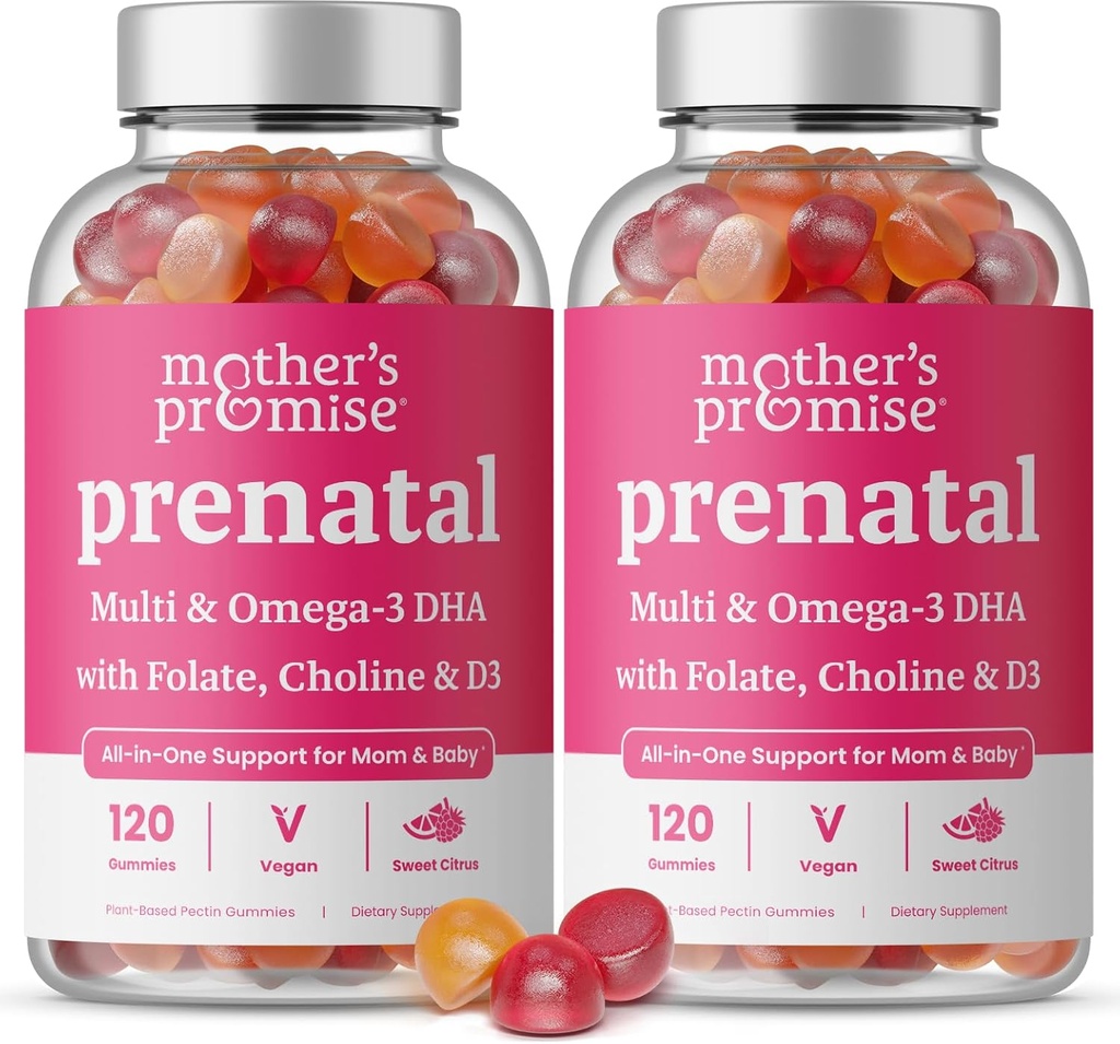 Prenatální vitamínové gumy s DHA 124; Vegan Prenatal Vitamíny pro ženy s Omega 3, Folát, Choline & D3, těhotenské vitaminy pro vývoj plodu 124; Gummy Multivitamin dodatek, 120 Počet (2-Pack)