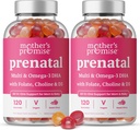 Prenatální vitamínové gumy s DHA 124; Vegan Prenatal Vitamíny pro ženy s Omega 3, Folát, Choline & D3, těhotenské vitaminy pro vývoj plodu 124; Gummy Multivitamin dodatek, 120 Počet (2-Pack)