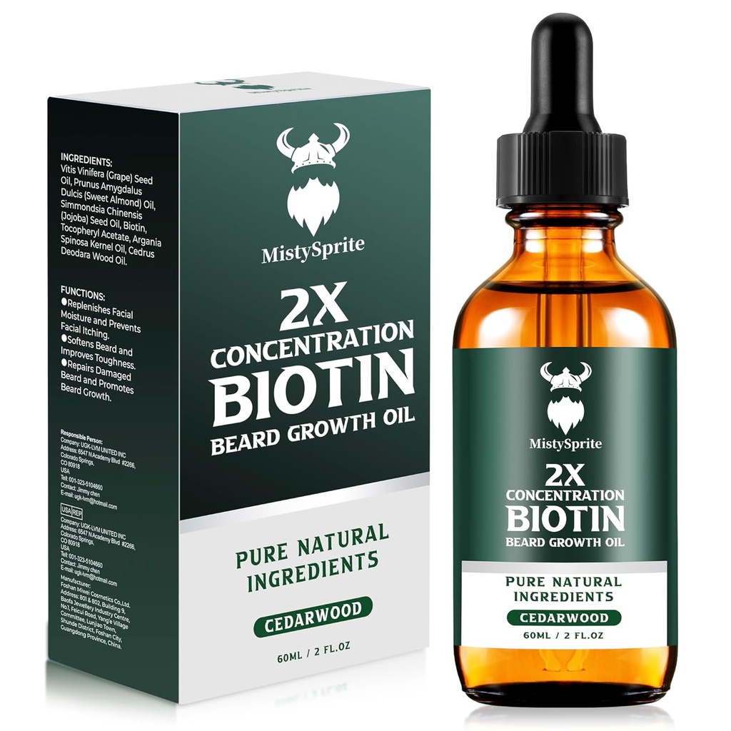 Beard Growth Oil - 2X Koncentrace Biotin Beard Oil pro muže (2 oz) - Přírodní Mens Beard Oil s arganovým olejem, Jojobový olej a vitamin, Beard Growth Softener, Moisturizer (Cedarwood)