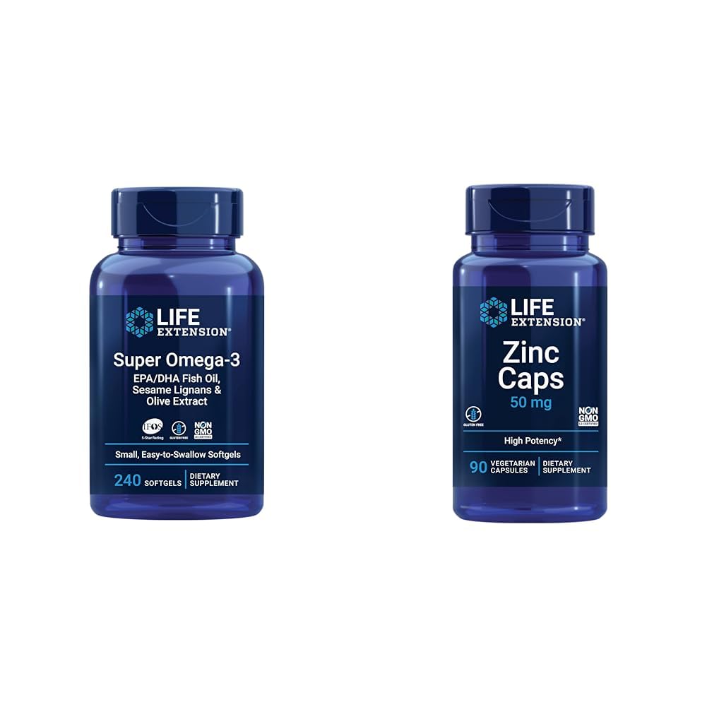 Life Extension Super Omega33 EPA / DHA Fish Oil, Sezame Lignans & Olive Extract - Omega 3 Dodatek & Zinek Caps, zinek 50 mg, zinek Citrát, Podpora imunitní obrany těla
