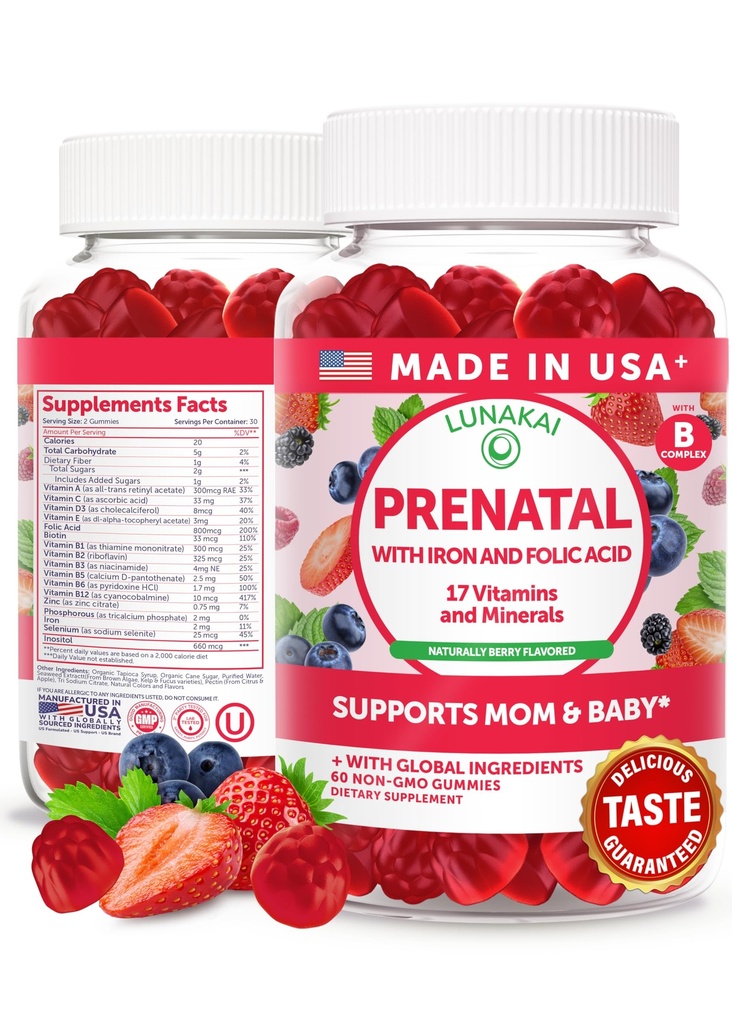 Lunakai USA vyrábí prenatální vitamíny se železnou a lidovou kyselinou - lahodné těhotenství Multivitaminové gumy pro ženy, 60 Počet