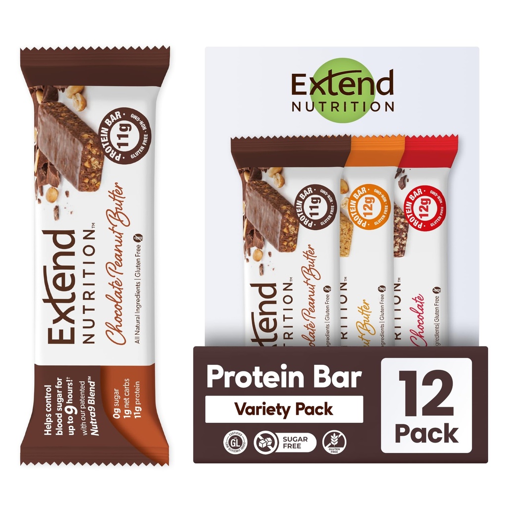 Extend Sugar Free Protein Bary, Perfect Diabetic Snacks, High Protein and Fiber, Hunger Control & Steady Energy, Low Carb, Keto Friendly (12 Počet, Variety Pack)