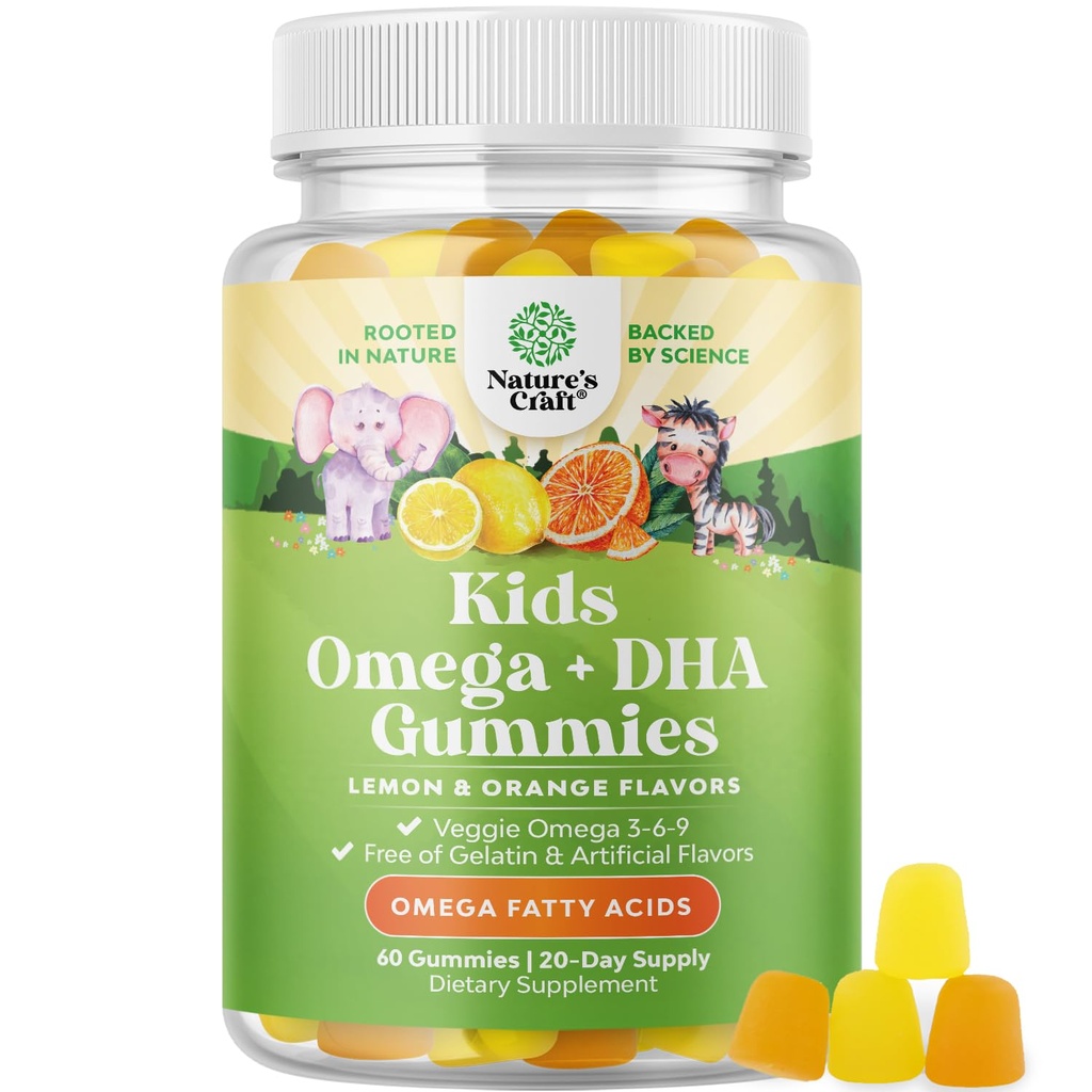 Děti DHA Omega 3 Gummies - mastné kyseliny Omega 3 6 9 pro mozek, imunitní sílu a vizi - Nutriční DHA pro děti pro zdravý nervový systém a podporu soustředění - Ryby zdarma, Vegan & Non- GMO - 60 Žvýkačky