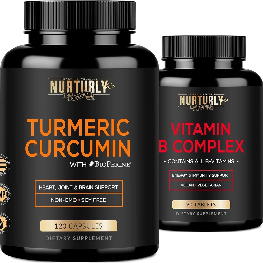 Vitamin B Komplex a kurkumin - Obsahuje všechny esenciální B vitaminy - B1, B2, B3, B5, B6, B7, B9, B12 a Biotin - Vysoké absorpční turmerické doplňky 1300mg pro kloub, Hearth Health