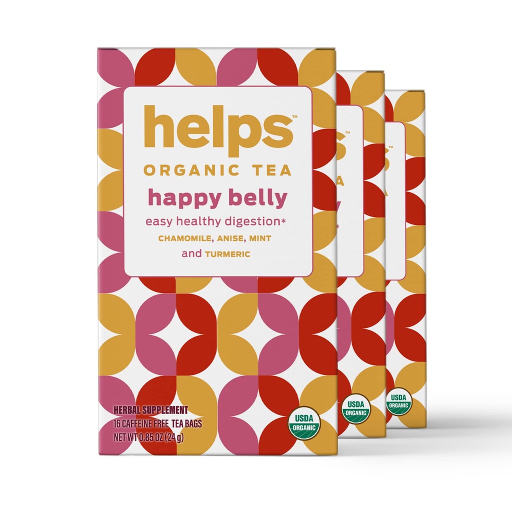 HELPS TEAS S124; Pomáhá Happy Belly Tea S124; Organic Herbal Tea With Green Anise, Hemomile, Mint and Turmeric S124; 16 Tea Bags - balení po 3 S124;
