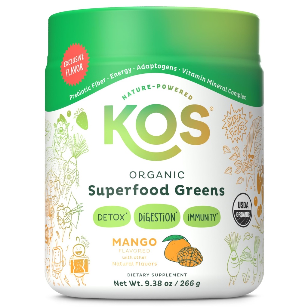 Kos Organic Superfood Green Powder - Gut Health from Prebiotic Fiber, Supergreens and Adaptogens - USDA Certified Organic, Made in a GMP Certified Facility - 28 Servings Mango