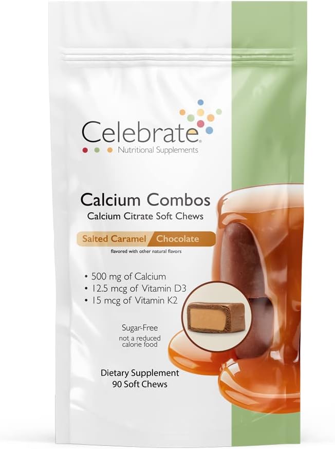 Oslavte vitaminy Bariatric 500 mg vápníku Citrát měkké Chews Combo s 500 IU vitaminu D3 - esenciální pro gastrické bypass pacientů & zdraví kostí - cukr & gluten zdarma, karamelová čokoláda (90 Chews)