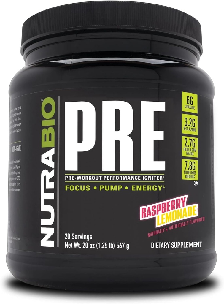 NutraBio PRE Workout Powder - Old Australa- Setrvalá energie, Duševní soustředění, Vytrvalost - Beta Alanine, Creatine, Caffeine, Electrolytes - 20 Servings - Raspberry Lemonade