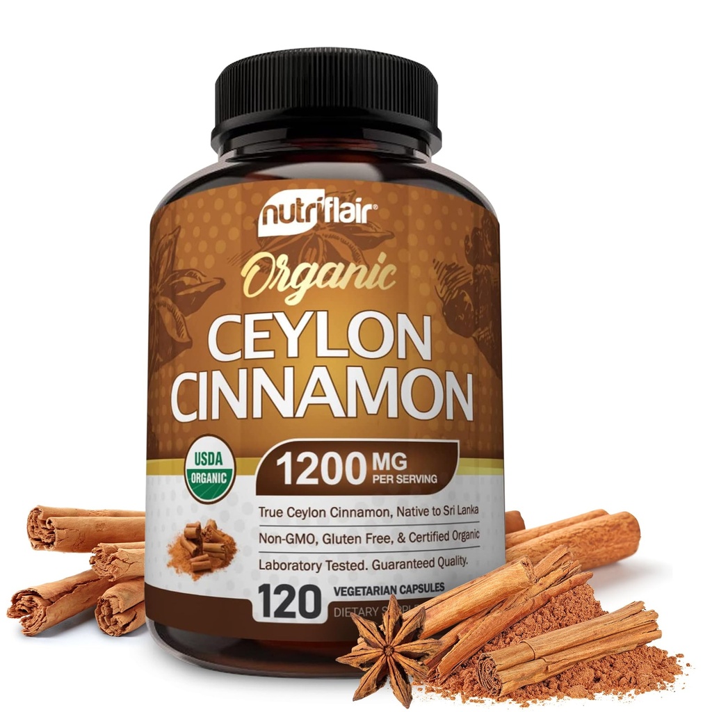 NutriFlair Organic Ceylon Skořice Dodatek 1200mg, 120 Kapsle - USDA Certified - Non- GMO, gluten Free Powder, Antioxidant pilulky