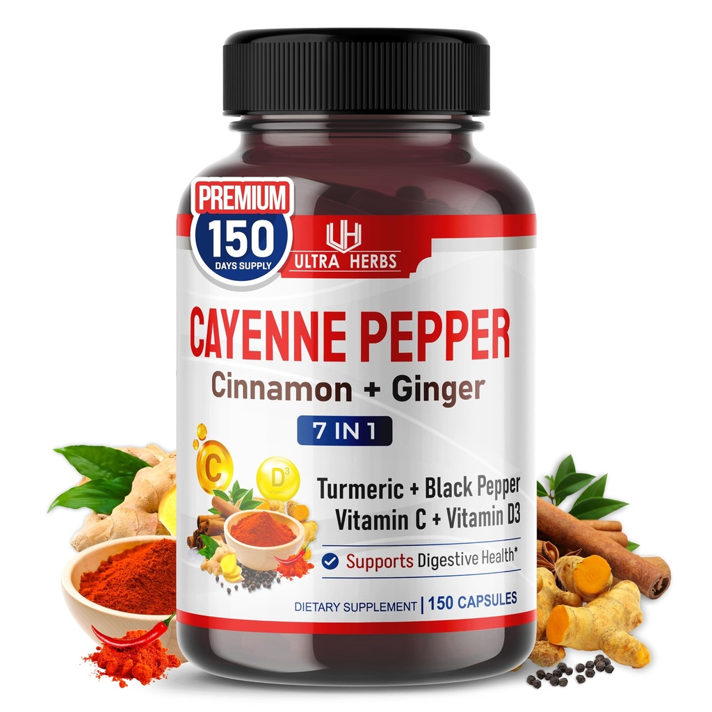 Cayenne Pepper 7 in 1 - - s Ginger, Kurkuma, Skořice, Black Pepper - Promotes Digestive System Function (150denní dodávka (balení po 1))