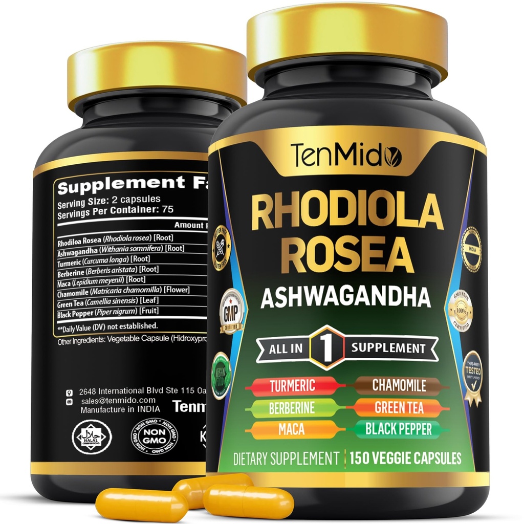 Rhoddiola Rosea dodatek - 8in1 Formule - Kombinace s Ashwagandha, Kurkuma, Berberine, Maca, Heřmánek, Zelený čaj, a Black Pepper - Živina bohatý - 150 Vegan Kapsle