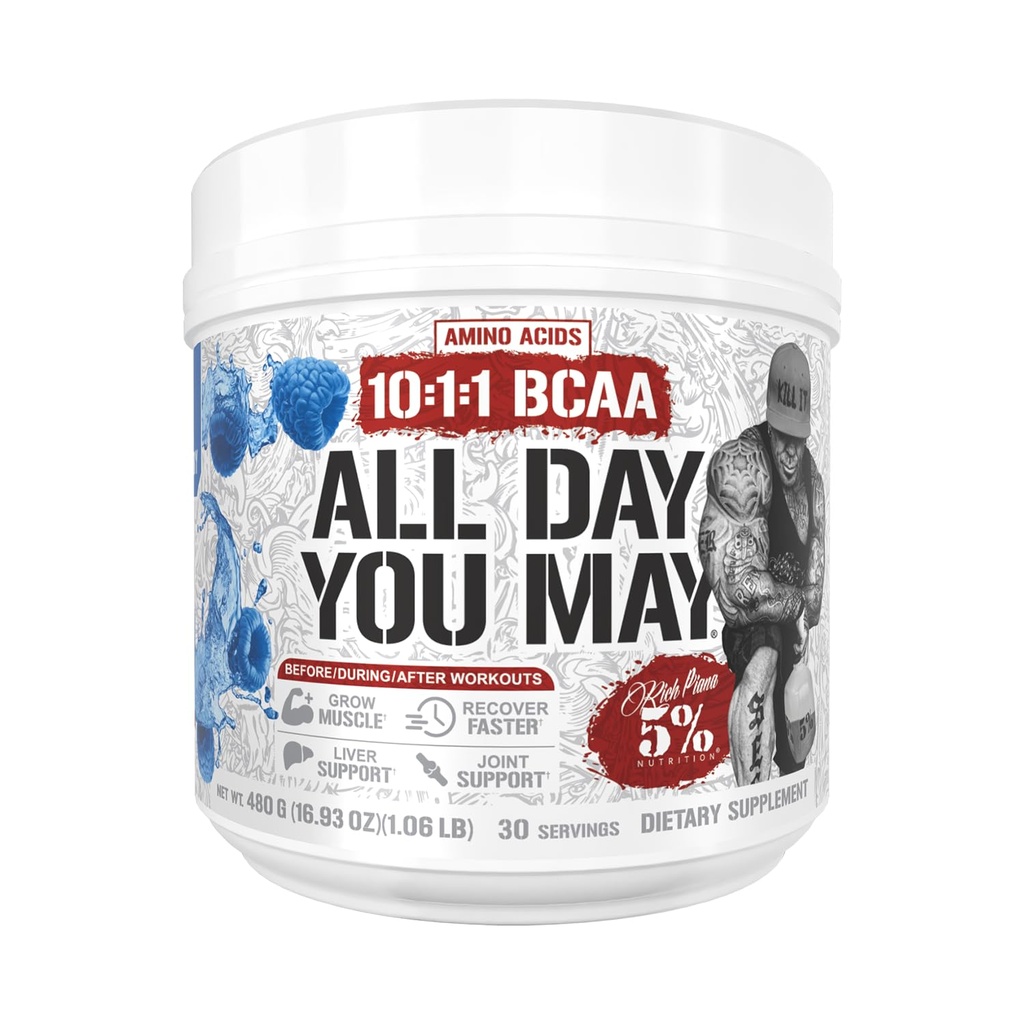 5% Nutrition Rich Piana AllDayYouMay BCAA Powder 124; Premium Intra & Post Workout Amino Acids, EAA, Electrolytes IR 124; Hydration, Endurance, Recovery 124; Vegan & Keto IR 124; 16.4 oz, 30 Srvgs (Blue Raspberry)
