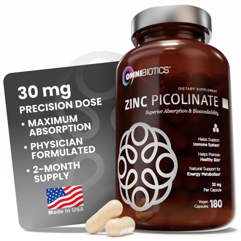 OmniBiotics Zinek Pikolinát 30mg Dodatek - Vysoká absorpce zinku pro imunitní systém, zdravou pleť a podporu energie - 180 Vegan Kapsle