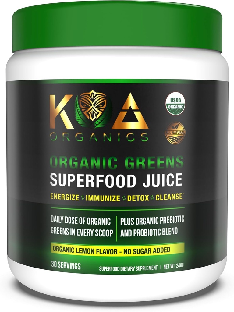 Zelená Superfood Juice Powder - USDA Organic Super Green Powder s Spirulina, Chlorella, Matcha, pšeničná tráva, trávicí Enzymy & Probiotika - Lemon Flavor -30 ServQ
