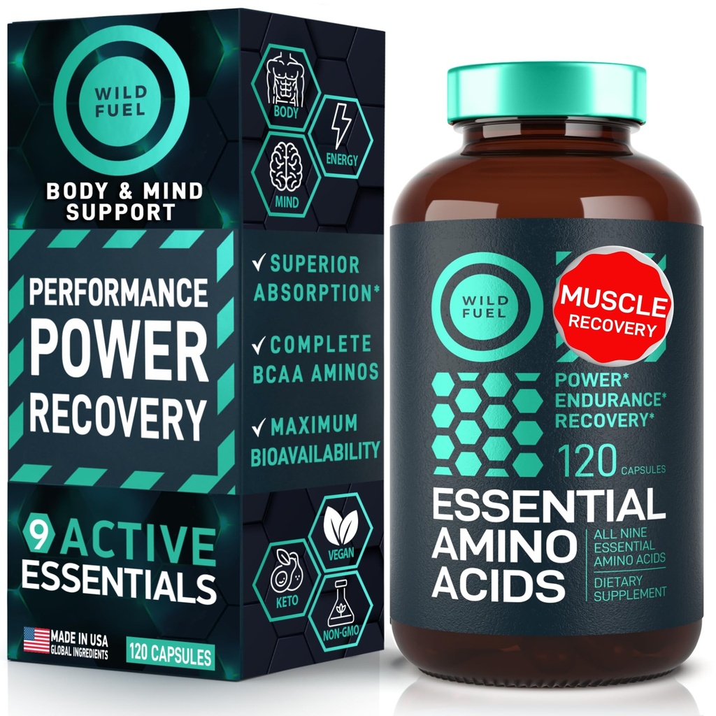 Základní aminokyseliny dodatek - všech 9 EAA s BCAA aminokyseliny (Leucin, Lysin, Valine, Threonin) - 3,000mg per Serving - Svalový růst, Power, Recovery - 120 Vegan, kofein bez kapslí