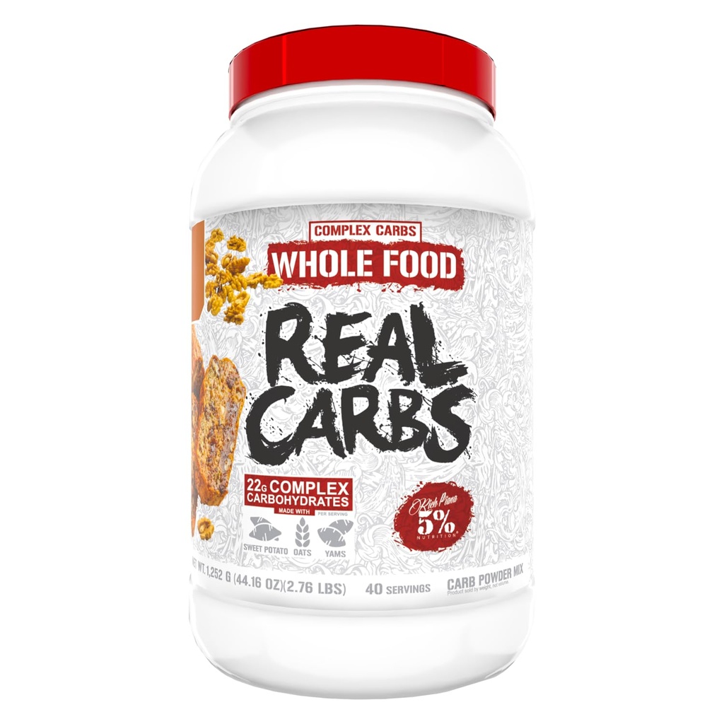 5% Nutrition Rich Piana Real Carbs with Real Food Complex Carb Powder, Long- Lasting Low Glycemic Energy for Pre- Workout / Post- Workout Recovery Meal, 2.7 Lb, 40 Servings (Banana Nut Bread)