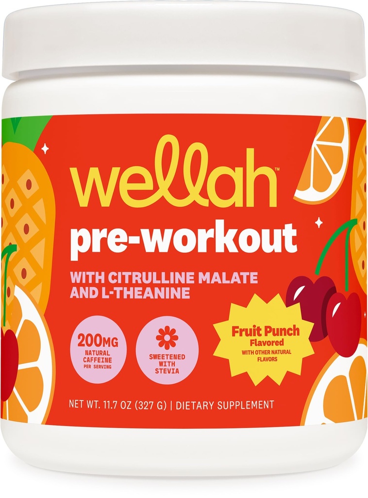 Wellah Pre- Workout Drink Mix (Ovocný punč ochucený, 30 Služeb) - s Citrulline Malate a L- Theanine, 200mg přírodního kofeinu & 1000mg Beta- Alanine