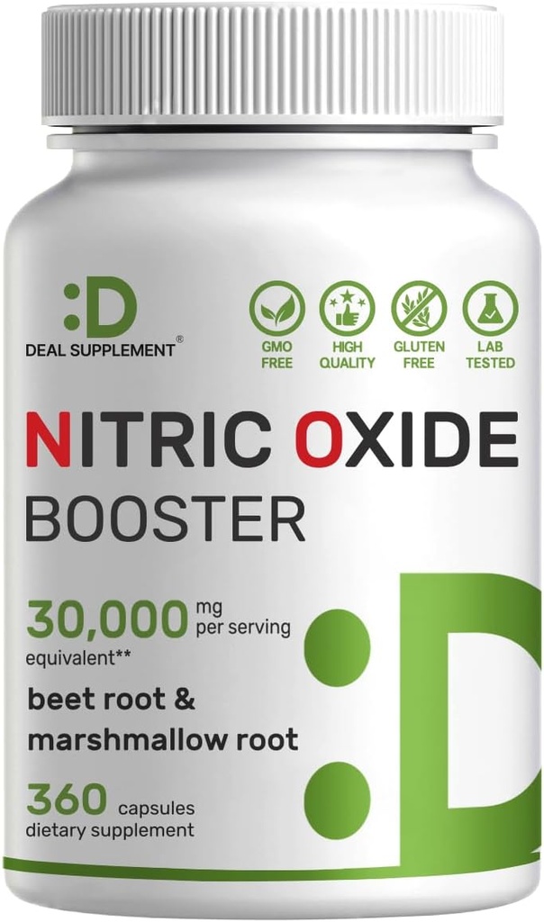 DEAL SUPPLAMENT Nitric Oxide Booster 30,000mg Ekvivalentní, 360 Kapsle - Natural Beet Root & Marshmallow Root Herbal Blend - Promotes Nutrient Flow to Muscles & Heart - Non- GMO