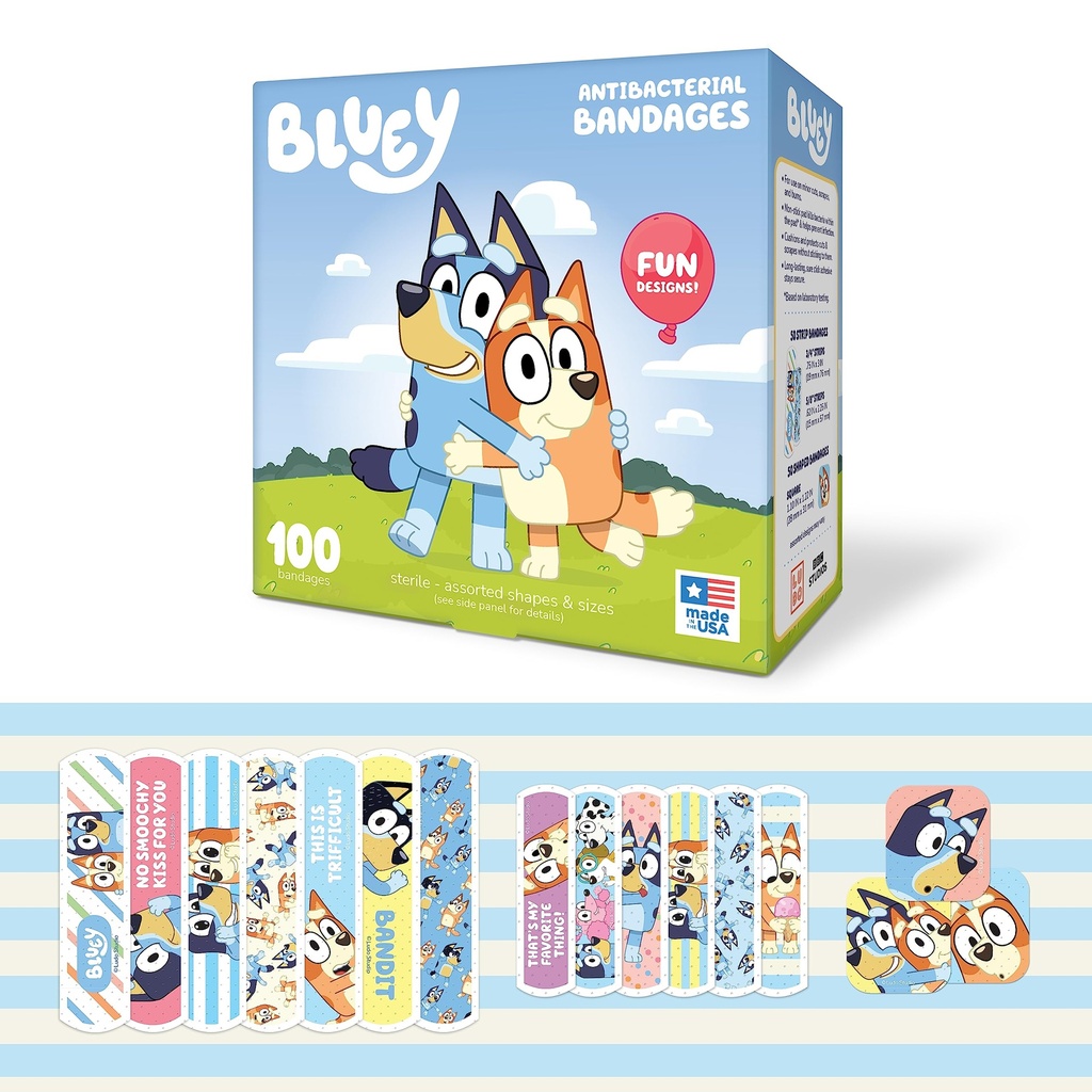 Bluey Kids Obvazy, 3 Agried velikosti 100 CT 124; Nosit jako samolepky, Flexibilní adhesive obvazy pro malé kusy, škrabky, a Burns. Velký dárek nápad a Stocking Stuffer
