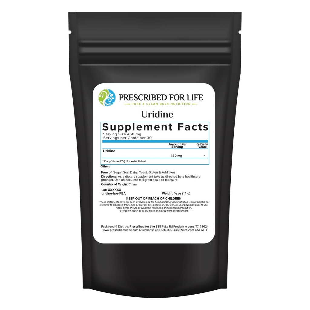 Předepsaný pro život Uridin, čistý Uridin Monofosfátový prášek, Nootropní dodatek pro paměť, Clarity, & Focus, No Fillers, No Additives, Vegan, Non GMO (0.5oz / 14g)