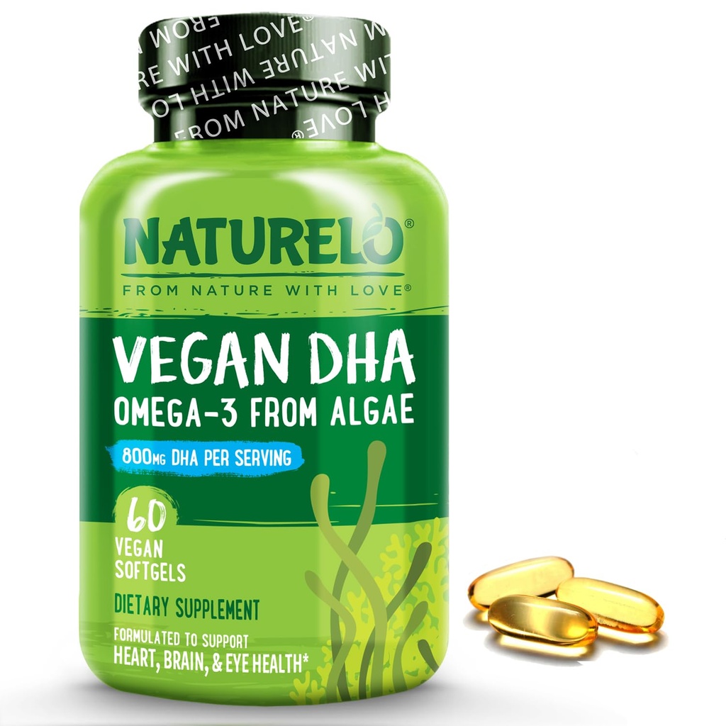 NATURELO Vegan DHA - Omega 3 olej z řas - dodatek pro mozek, srdce, kloub, oční zdraví - Poskytuje esenciální mastné kyseliny pro ženy, muže a děti - Doplňuje Prenatální vitamíny - 60 Softgels