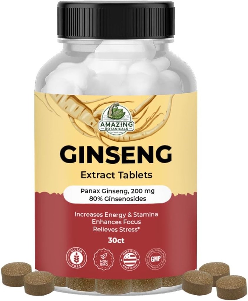 Úžasné botaniky Panax Ginseng Extract Tablety - 200mg Vysoce potentní 80% Ginsenosids for Energy & Relaxation - Přírodní bylinný doplněk pro Cognitive Booster - 30 Tablet