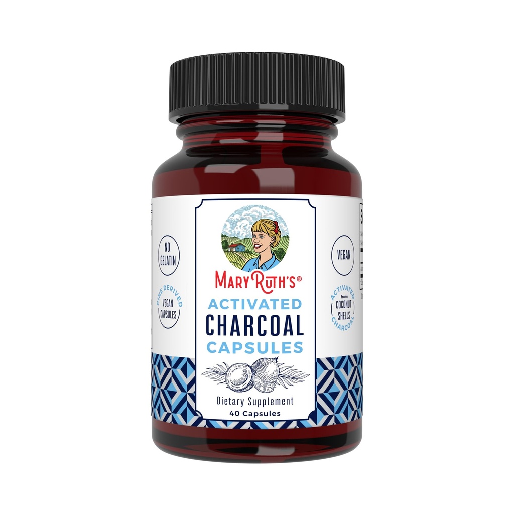 MaryRuth Organics Aktivované Charcoal Kapsle 124; Substance Adsorption CLASSIF124; Odvozené z Coconut Shells CLAS124; Veganské Kapsle z Pine Trees CLASSIF124; Non- GMO CLASSIF124; Gluten Free CLAS124; 40 Počet
