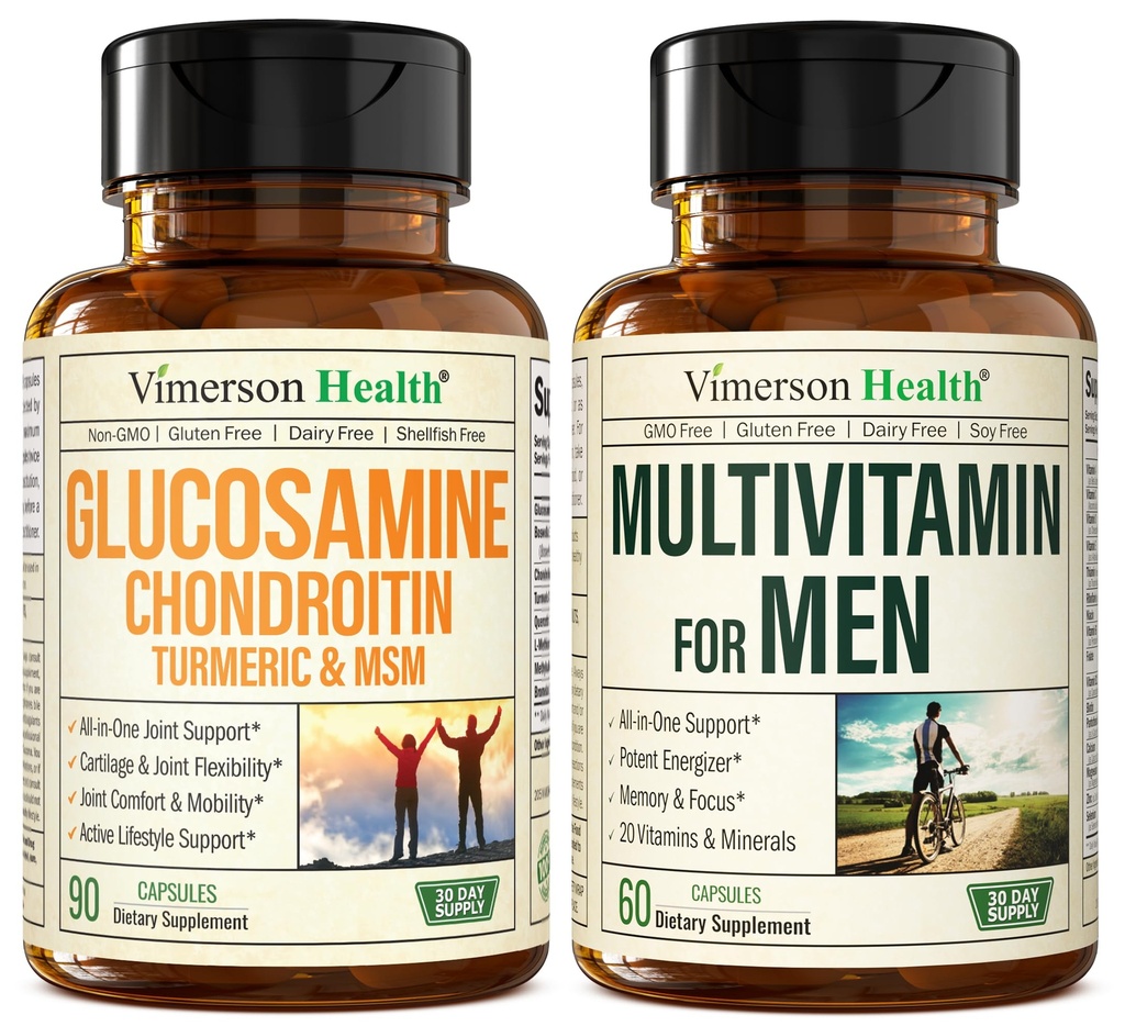 Glucosamine Chondroitin Turmeric MSM + Men 's Multivitamin 2-Bottle Supplement Bundle for Him. Společné zdraví, zánětlivá reakce, imunitní podpora, antioxidační vlastnosti