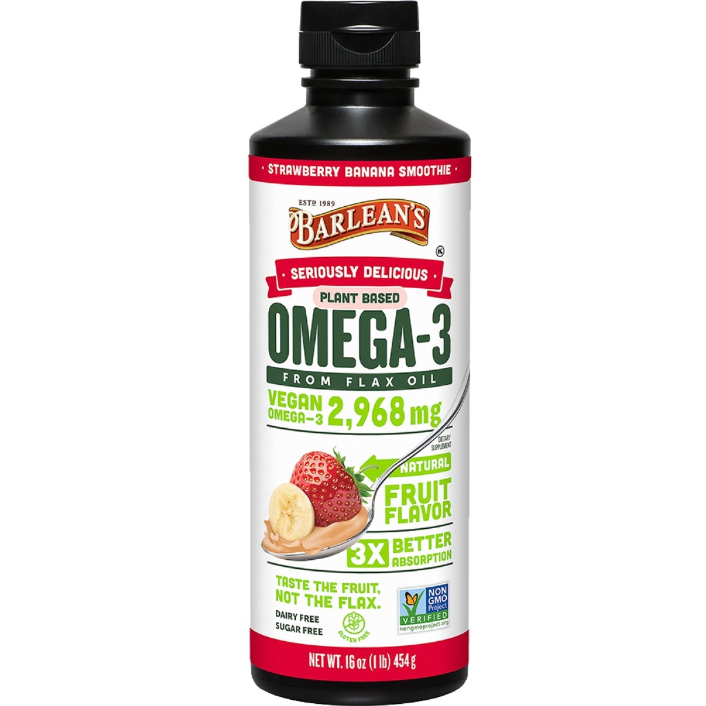 Barlean 's Vegan Omega 3 6 9 Flaxseed Oil Liquid Supplement, Strawberry Banana Smoothie, Flax Seeds Oil with 2,968 mg ALA Fatty Acid, Non- GMO and gluten Free, 16 oz
