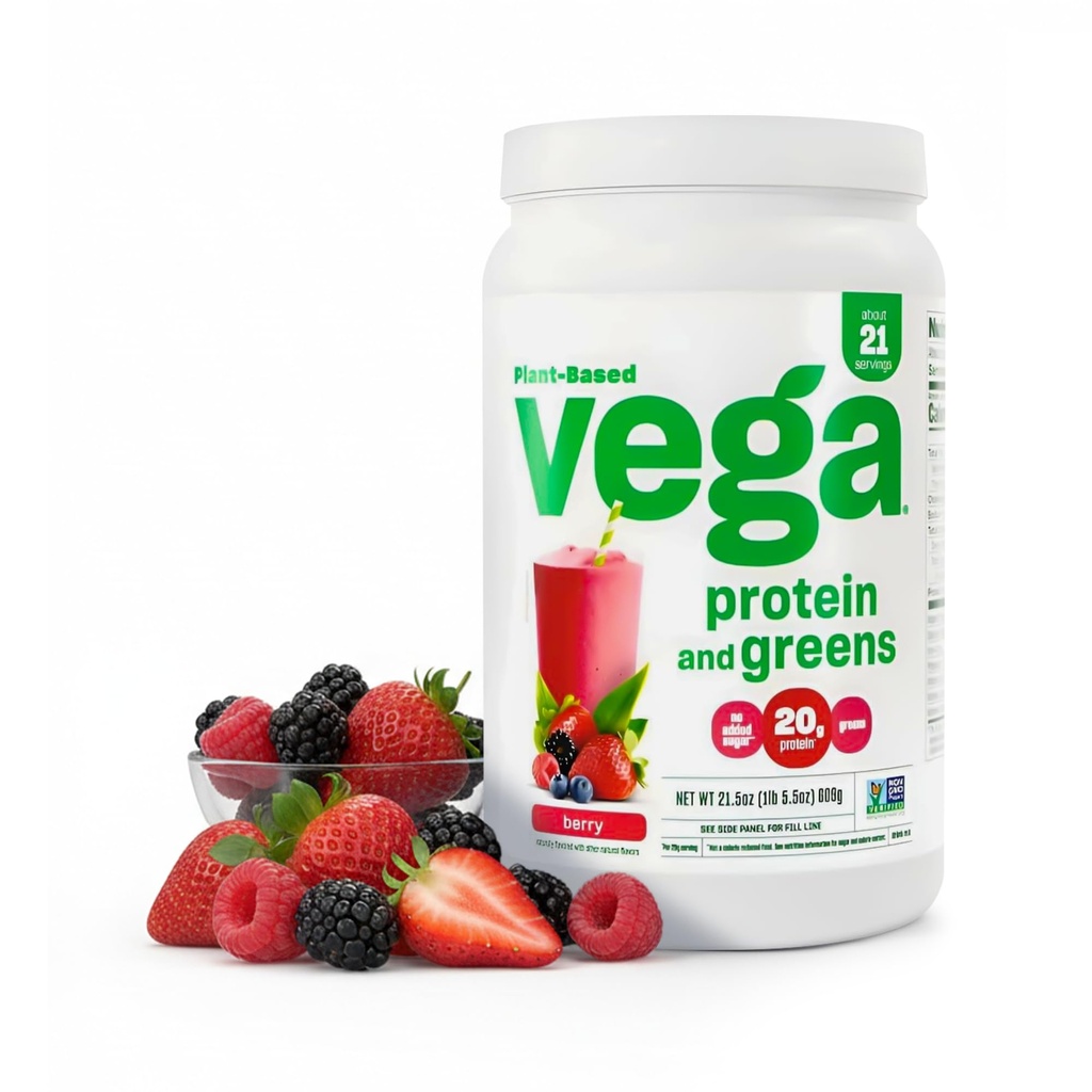 Vega Protein and Greens Protein Powder, Berry - 20g Plant Based Protein Plus Veggies, Vegan, Non GMO, Pea Protein for Women and men, 1.3 liber (Balení květen Vars)
