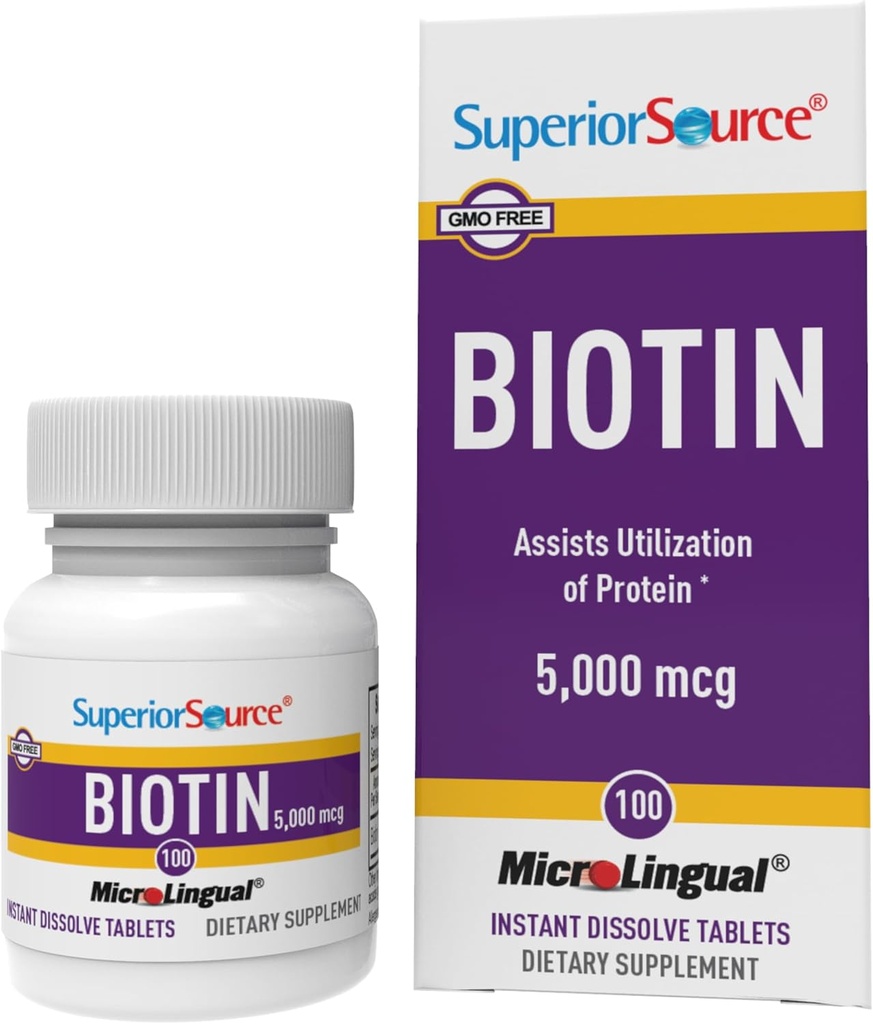Superior Source Biotin 5000 mcg. Pod jazyk rychle rozpustit mikrolingual tablety, 100 hrabě, podporuje zdravé vlasy, kůže, a růst nehtů, pomáhá podporovat metabolismus energie, Non- GMO