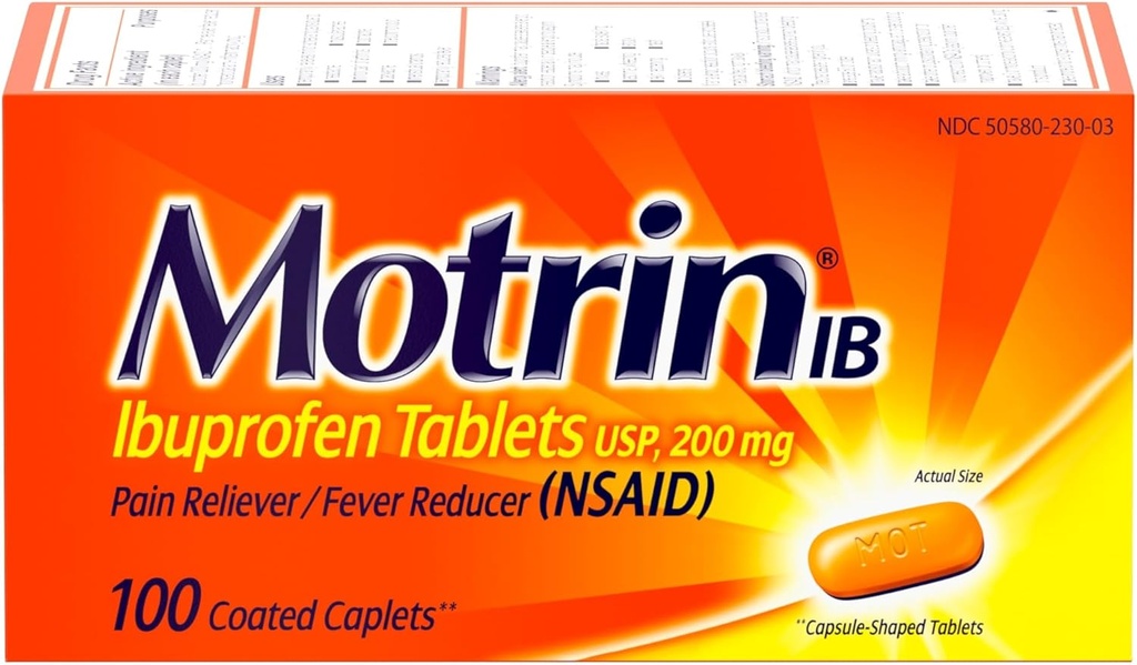 Motrin IB, Ibuprofen 200mg tablety, Reliever bolesti a horečka Reducer pro svaloviny Aches, bolest hlavy, bolest zad, menstruační křeče a menší bolesti kloubů, NSAID, 100 Ct