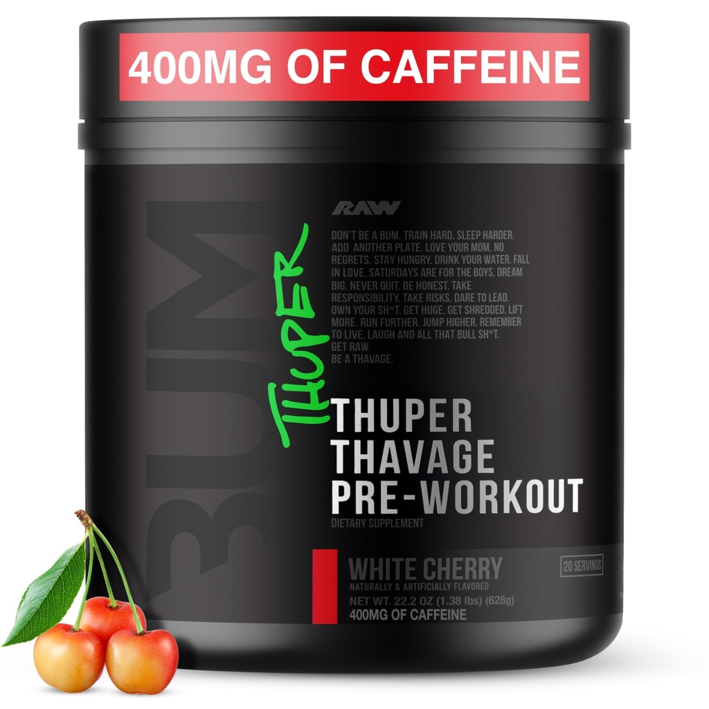 RAW Thuper Thavage Pre Workout Powder - High- Stim Preworking with Creatine, Beta Alanin, L- Citruline & Caffeine - Chris Bumstead Gym & Fitness Dodatek pro muže a ženy - White Cherry