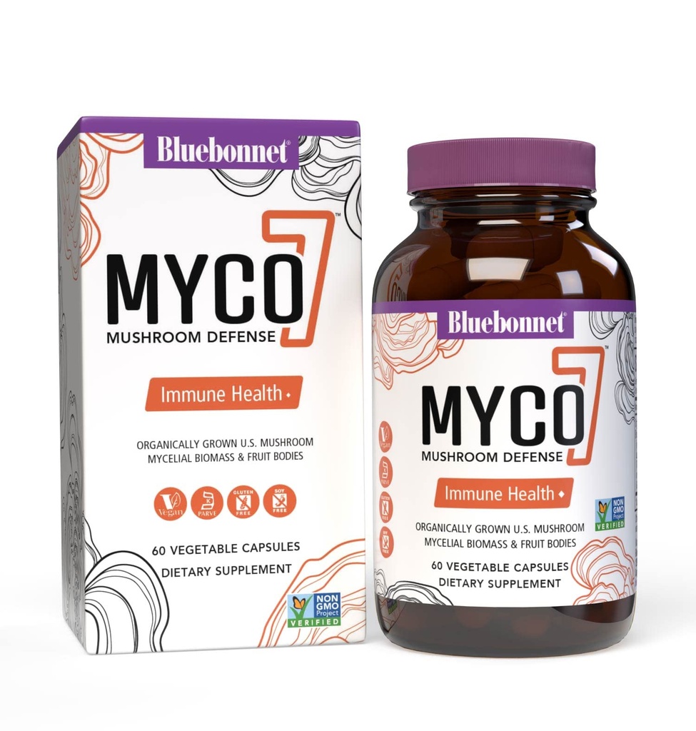 BlueBonnet Nutrition Myco-7 Houba obrany - 7 Organicky pěstované U.S. All, Full-Cycle Houby - pro imunitní & Wellness - Soy- Free, gluten- Free, Non- GMO, Kosher, a Vegan - 60 Zeleninové kapsle